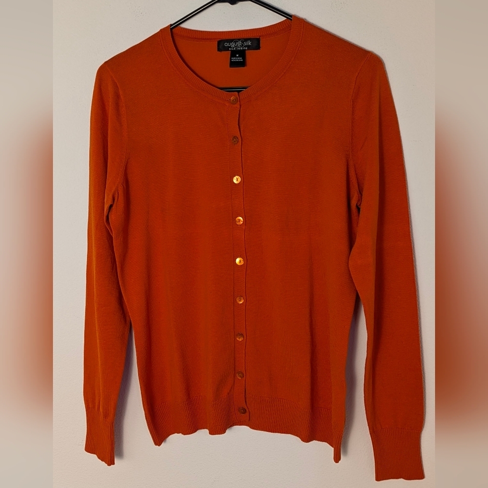August Silk Women Orange Short Thin Light Silk  Cardigan Sweater Size M EUC